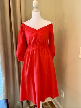 Anthropologie Off-Shoulder Red Orange Midi Dress Size 4